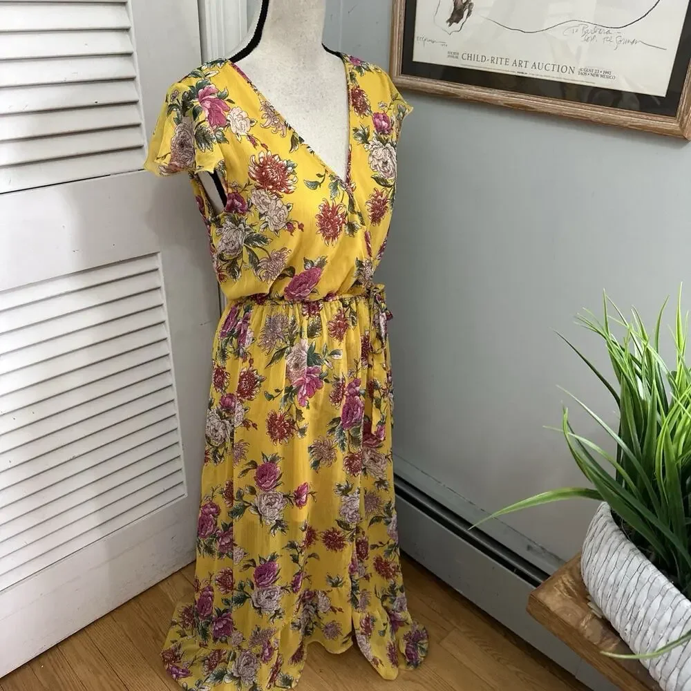 Band of Gypsies Dress Medium Yellow Floral Maxi Faux Wrap Garden Party Fairy - Picture 4 of 12